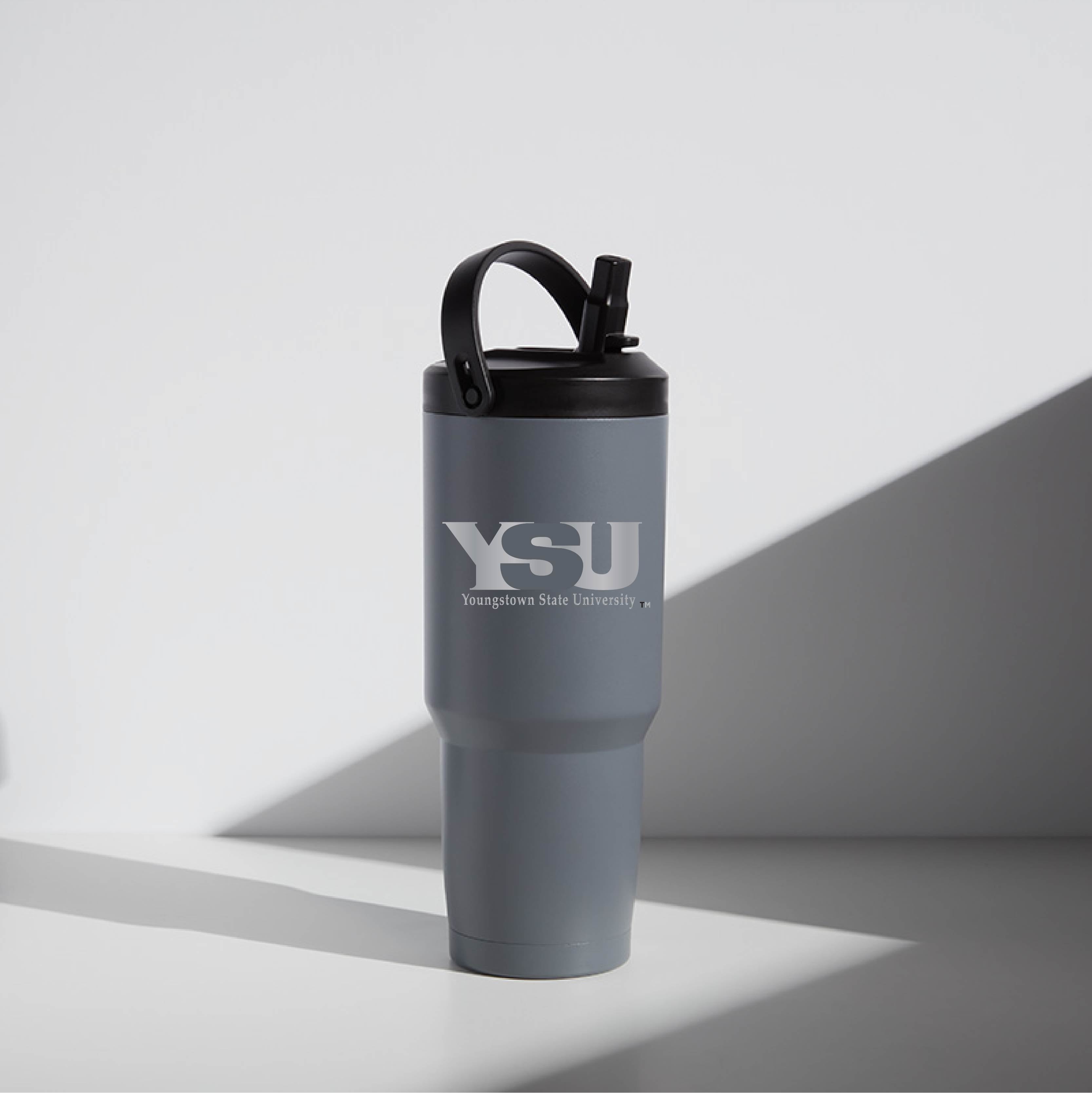 Agrey 32 oz stainless steel tumbler with a screw-top lid and straw, featuring the text 'YSU' and 'WATR' on its side.