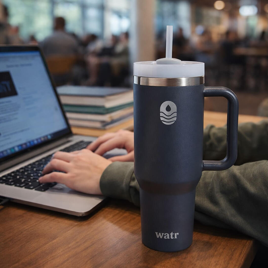 Dark navy insulated tumbler with handle, straw lid, and engraved WATR logo, sitting on a wooden table next to a laptop in a café setting