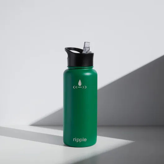 We Are The Ripple Green water bottle with black cap and built-in straw
