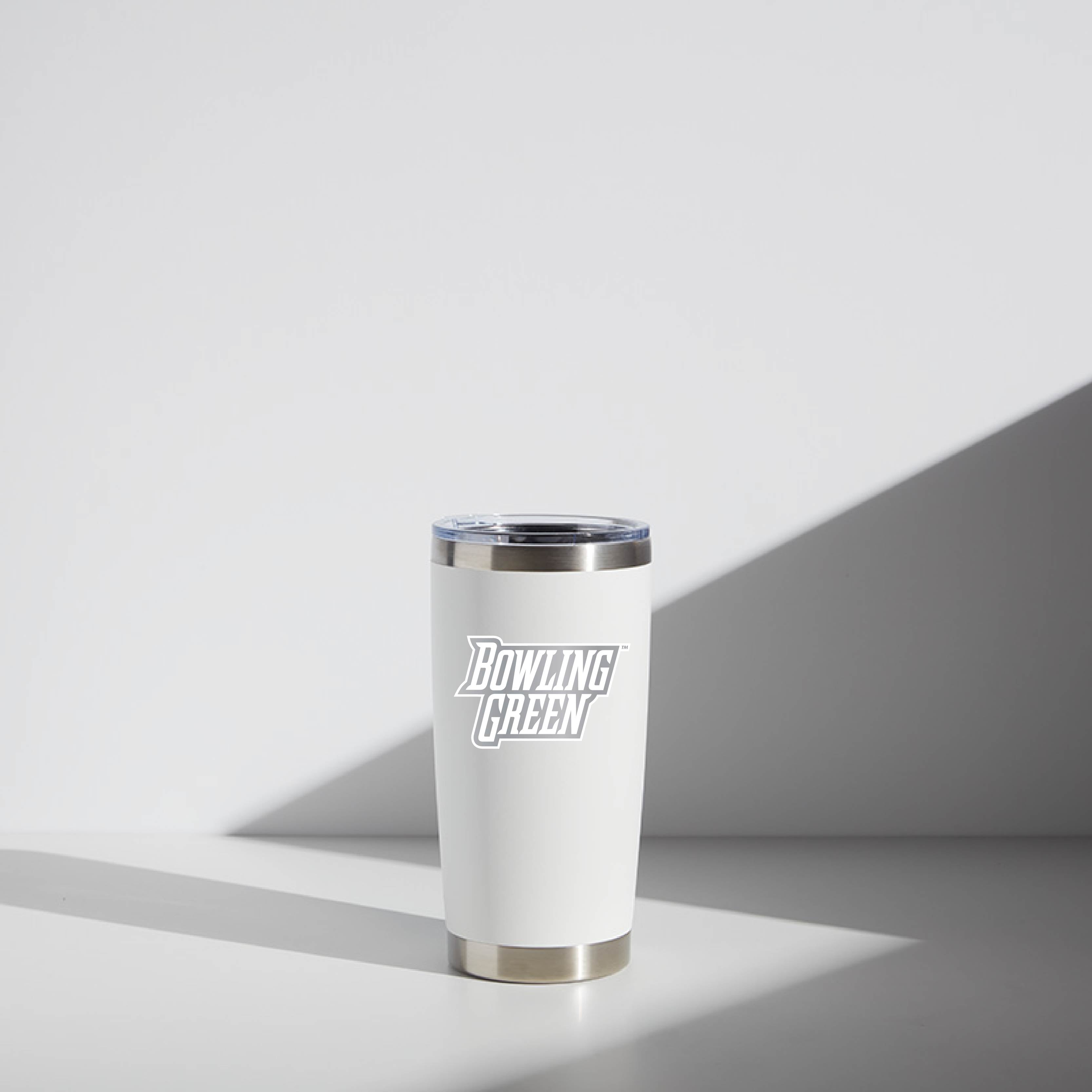 White 20 oz WATR tumbler with 'Bowling Green' logo, stainless steel trim, and clear lid, set against a soft shadowed background.
