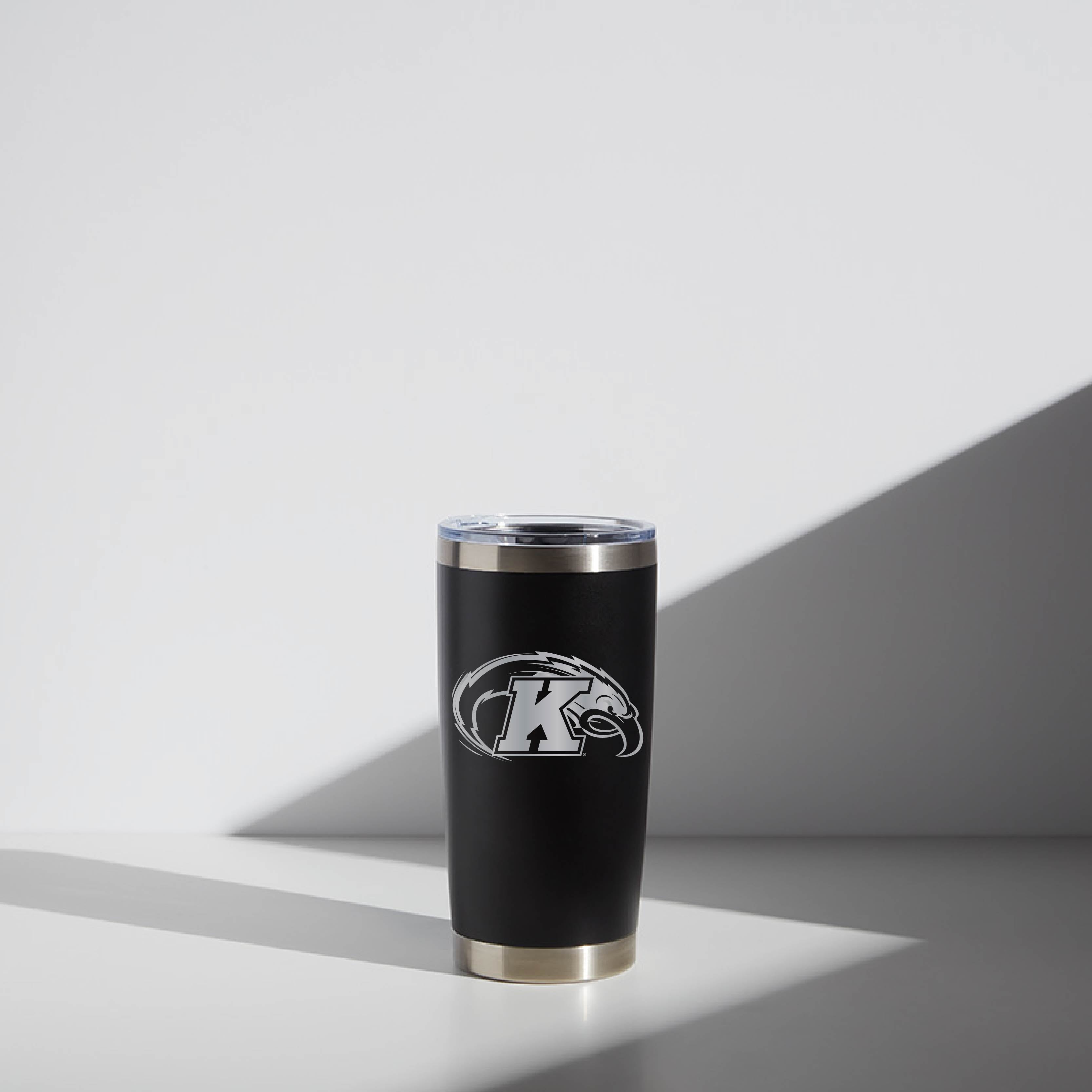 20 oz black WATR tumbler featuring the Kent State Golden Flash logo, showcased on a light background with shadow highlighting.