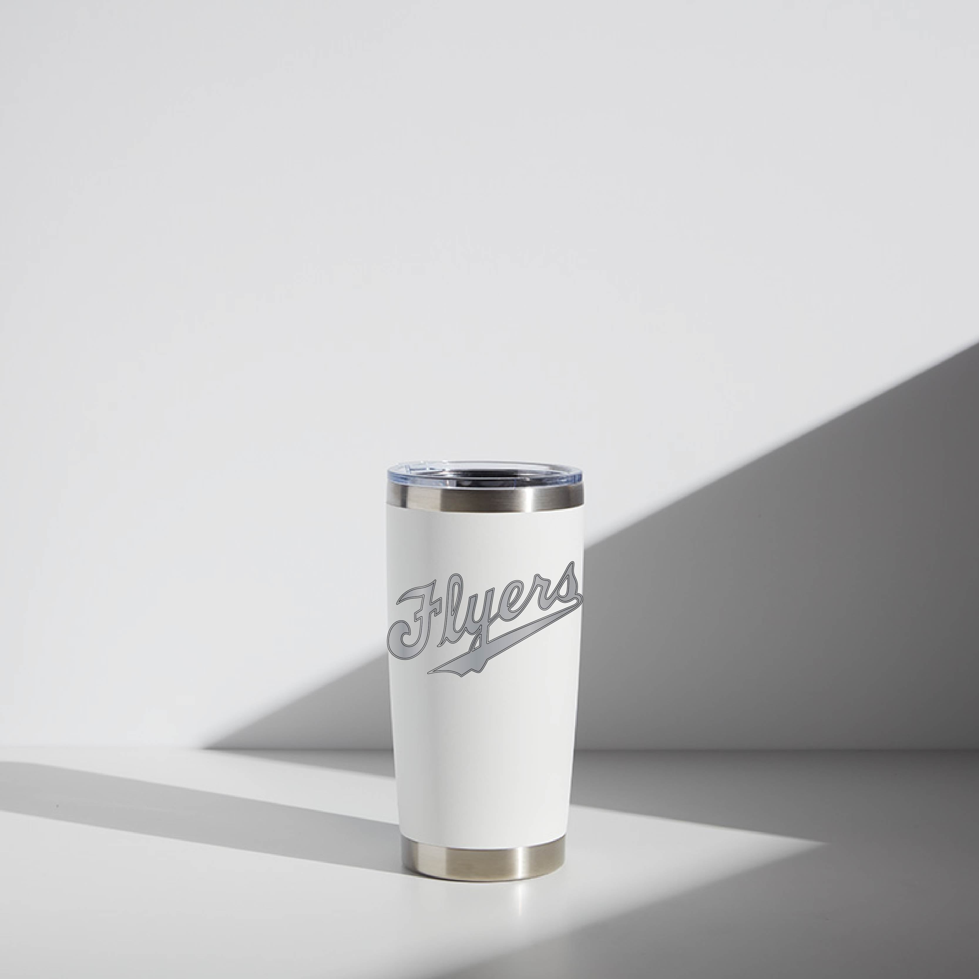 Alt text: "20 oz WATR Tumbler in an old-school Flyers theme with a sleek white and silver color scheme, featuring a stylized 'Flyers' script logo and a stainless steel rim."