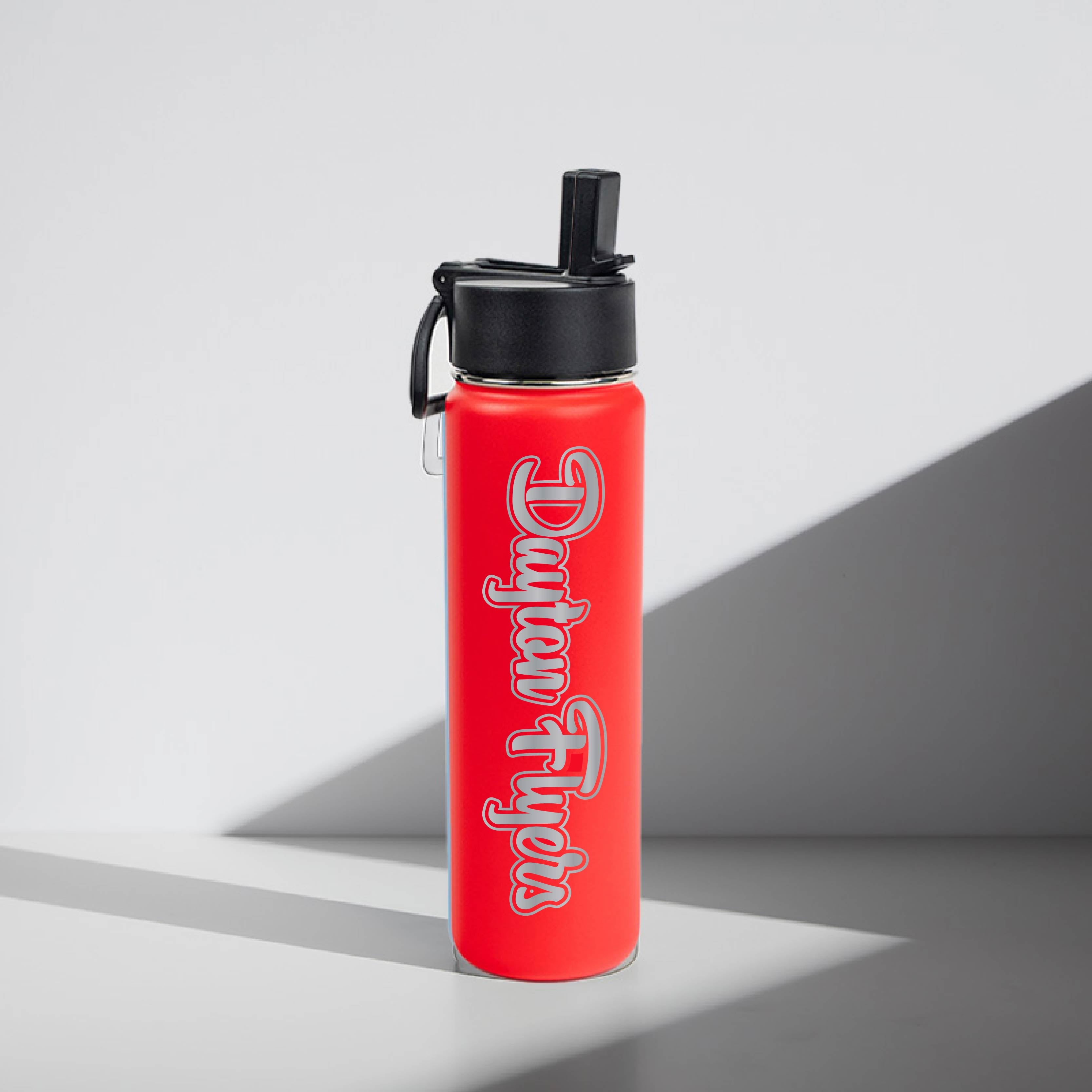 University of Dayton "Dayton Flyers" Red water bottle with black lid on a gray background