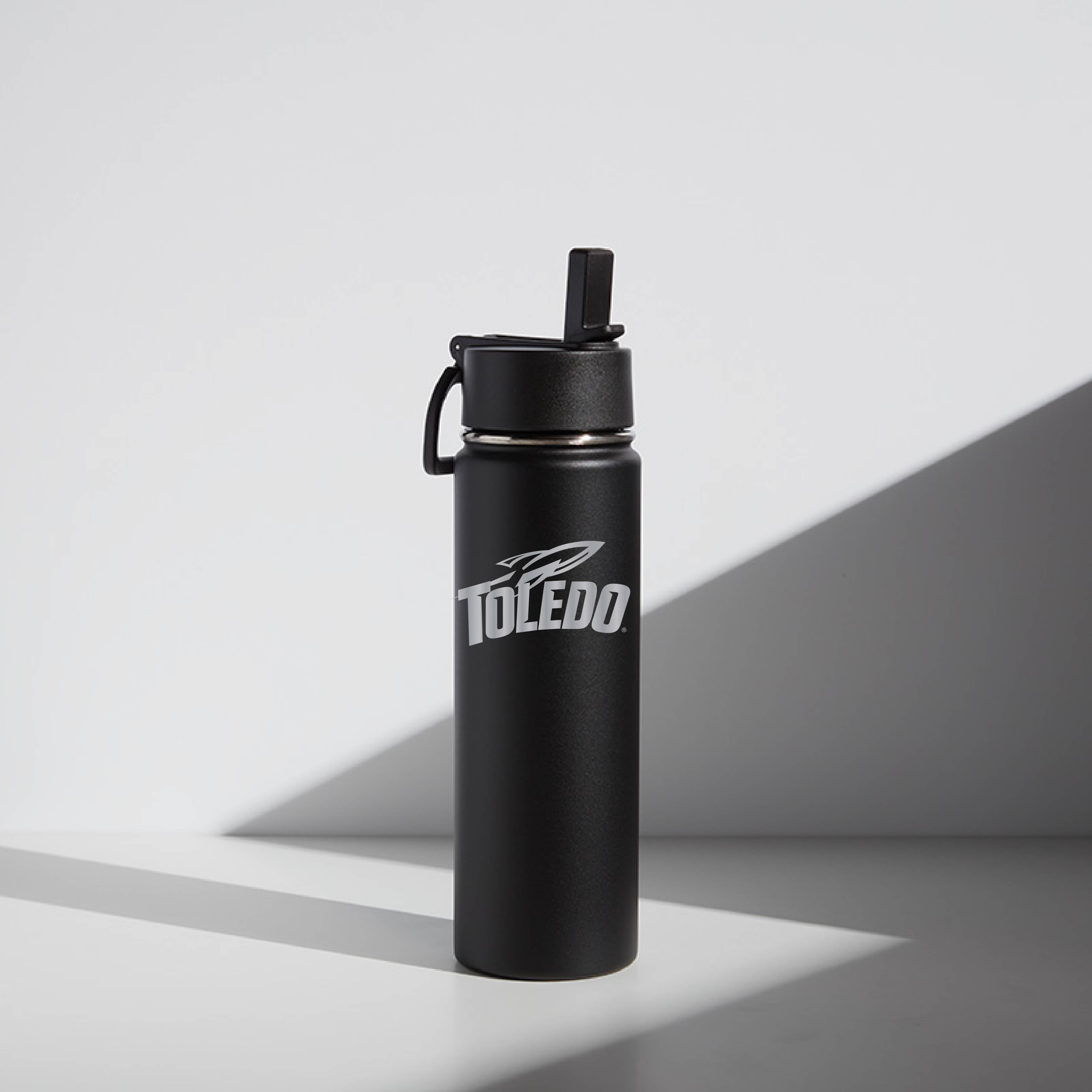 A black 22 oz stainless steel water bottle with a black screw-top lid and straw, featuring the University of 'Toledo' logo.