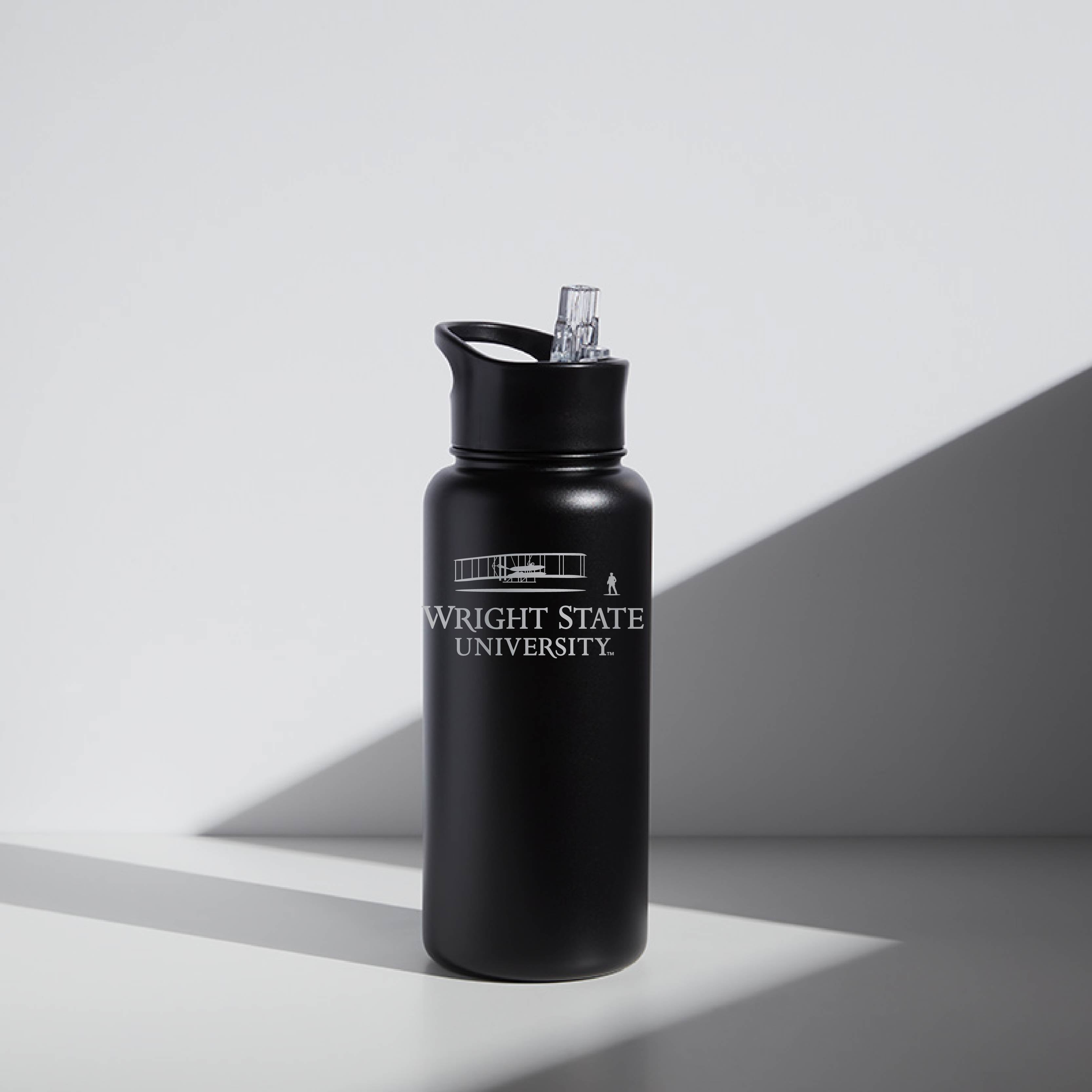 A black, double-wall vacuum insulated 32 oz water bottle with a screw-top lid and straw, featuring the Wright State University logo.