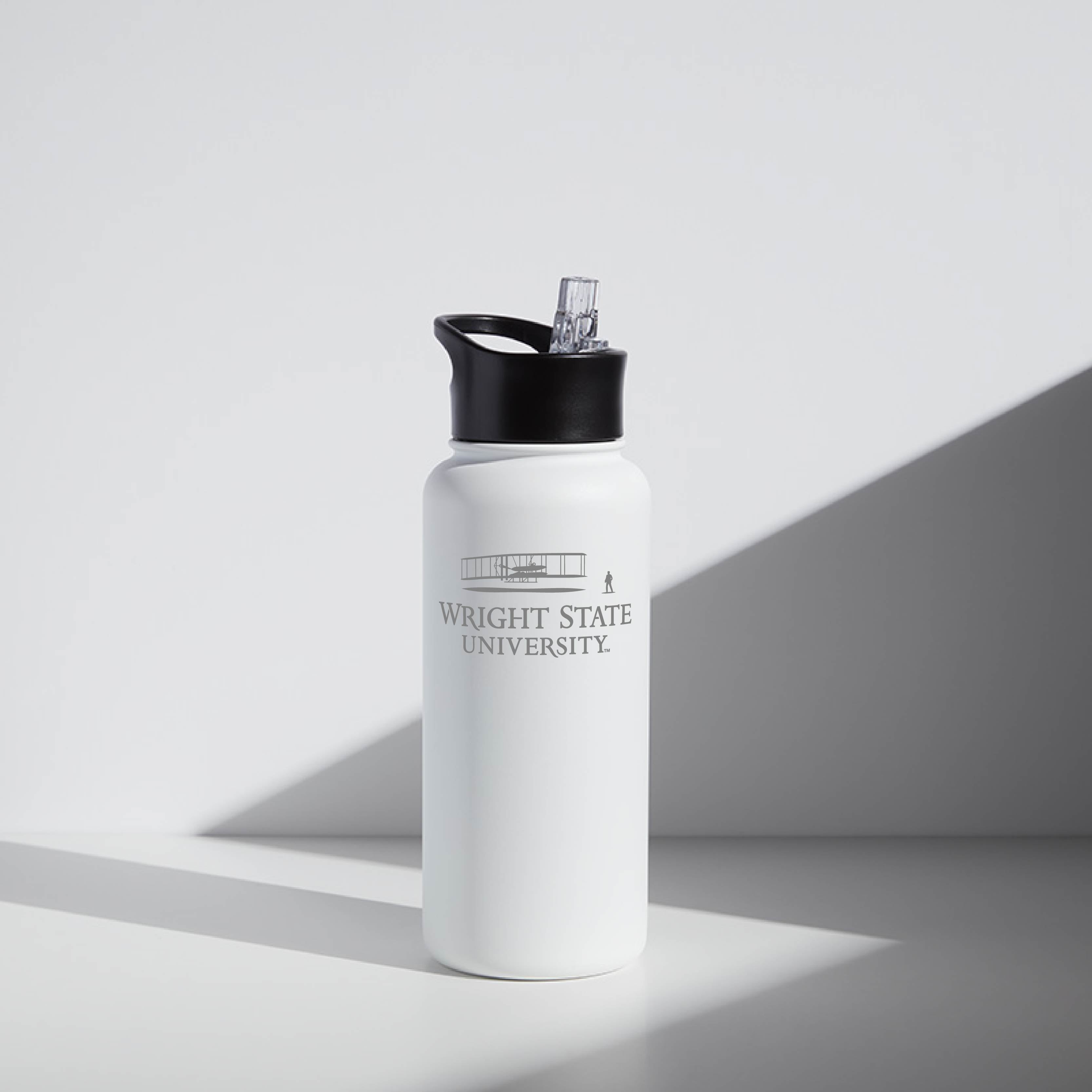 A white double-wall vacuum insulated 32 oz water bottle with a screw-top lid and straw, featuring the Wright State University logo.