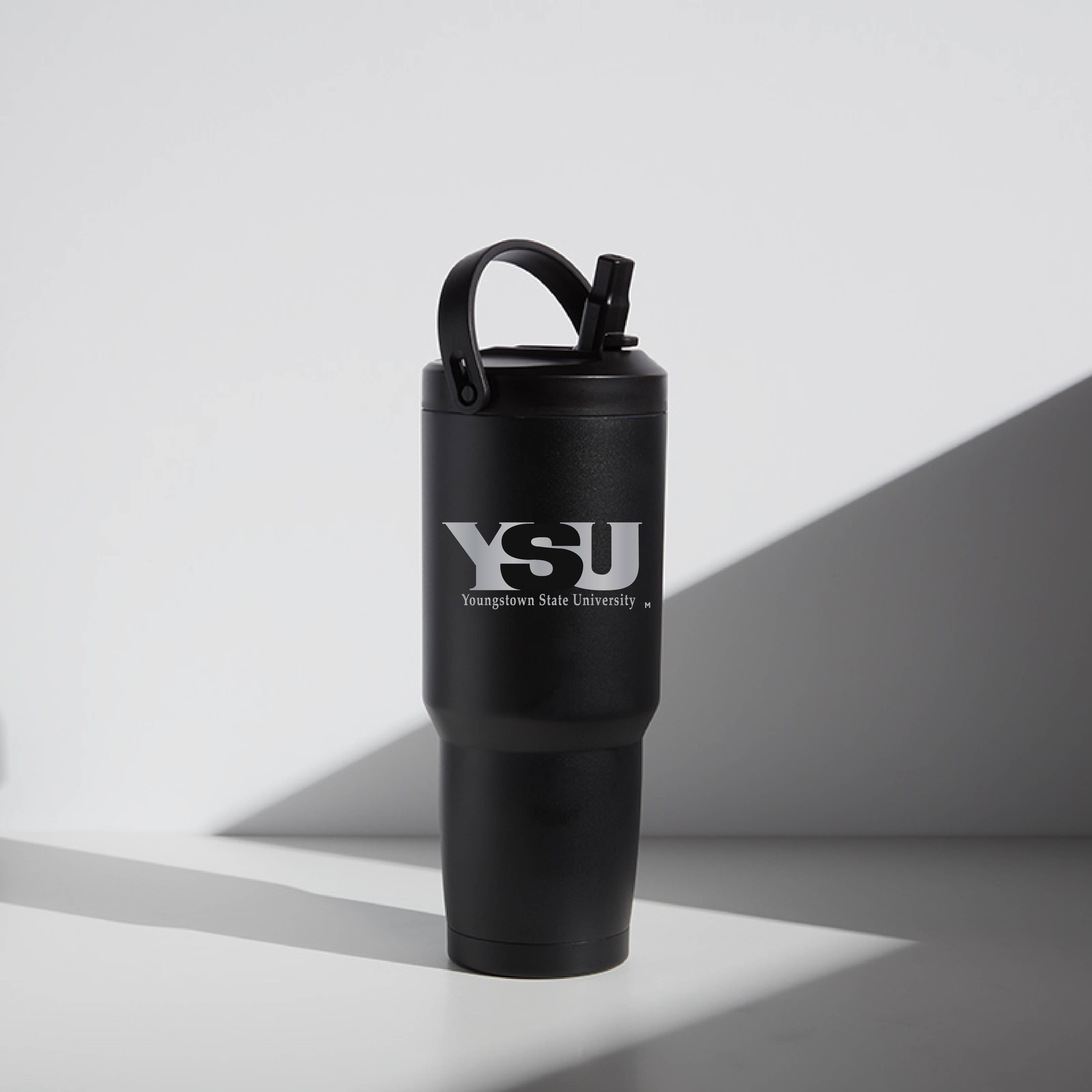 A black 32 oz stainless steel tumbler with a screw-top lid and straw, featuring the text 'YSU' and 'WATR' on its side.