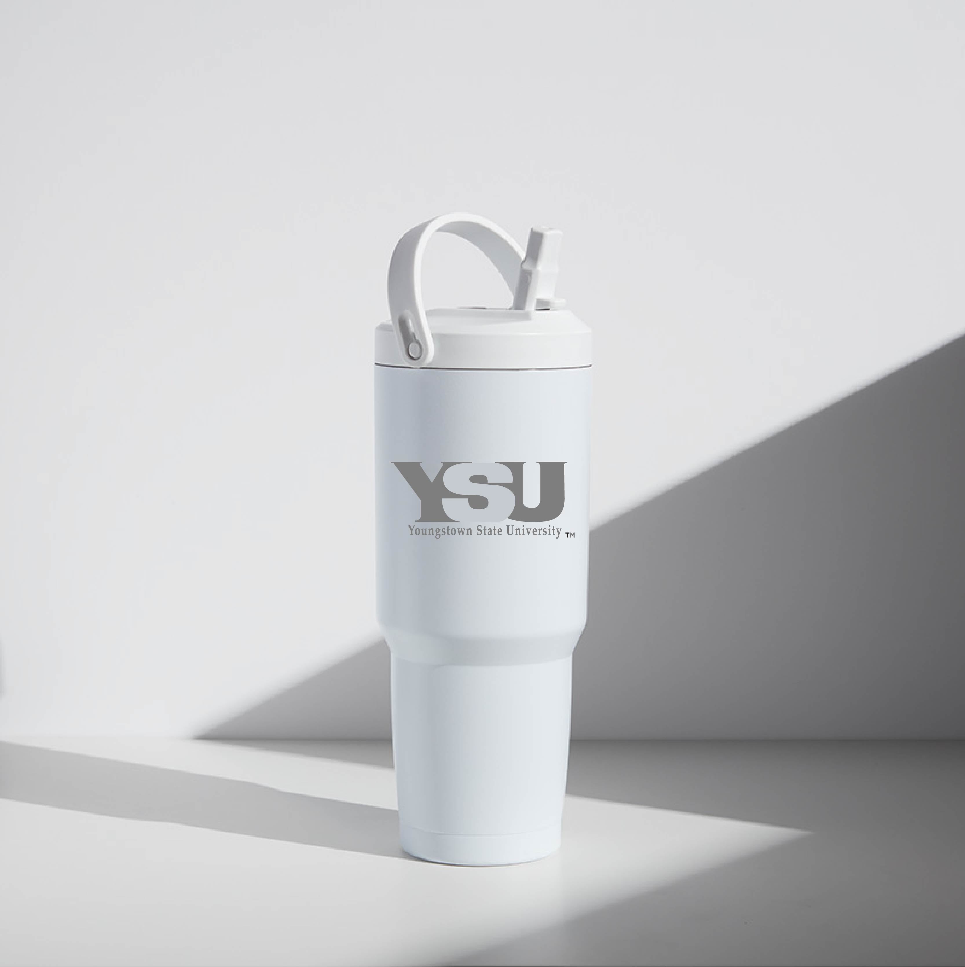 A white32 oz stainless steel tumbler with a screw-top lid and straw, featuring the text 'YSU' and 'WATR' on its side.