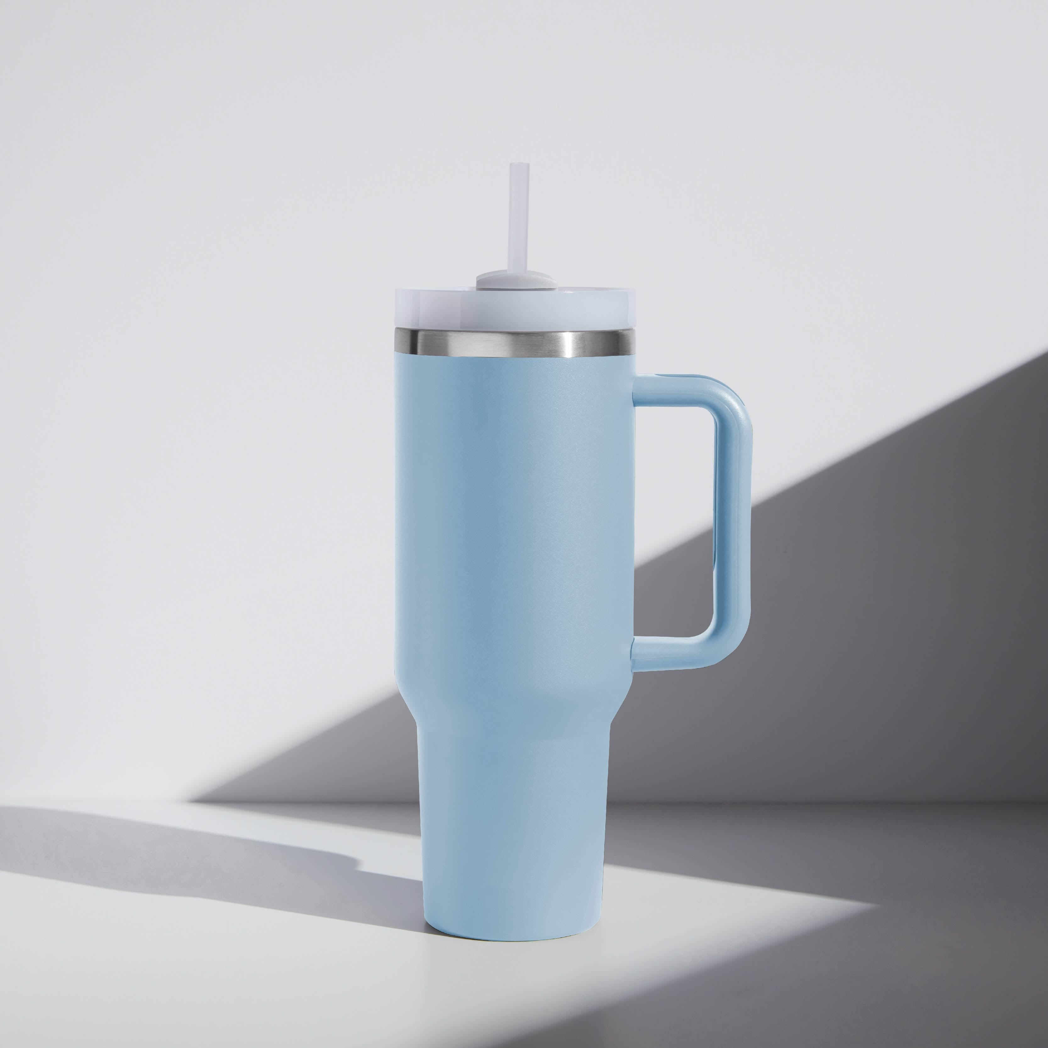 40oz. light blue Tumbler with handle and built-in straw
