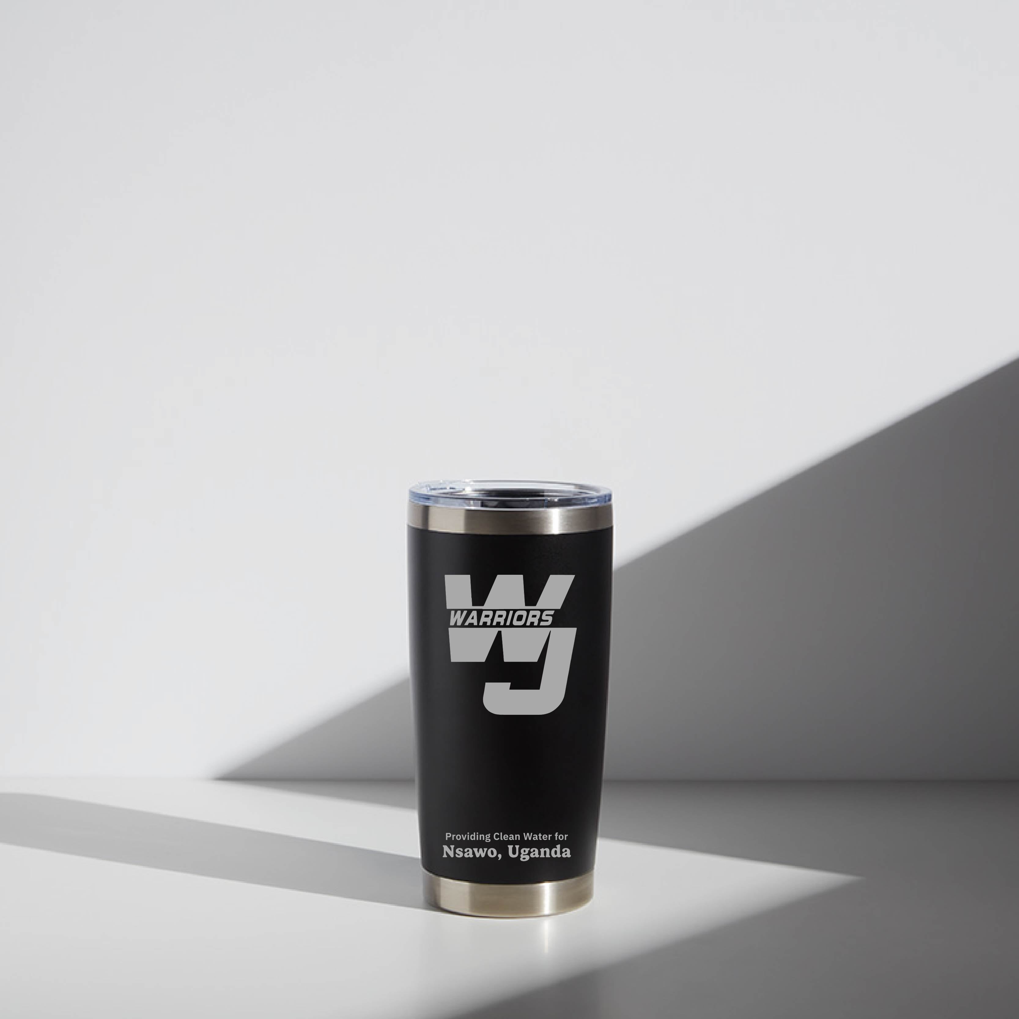 Black custom water bottle for school fundraisers with gray background