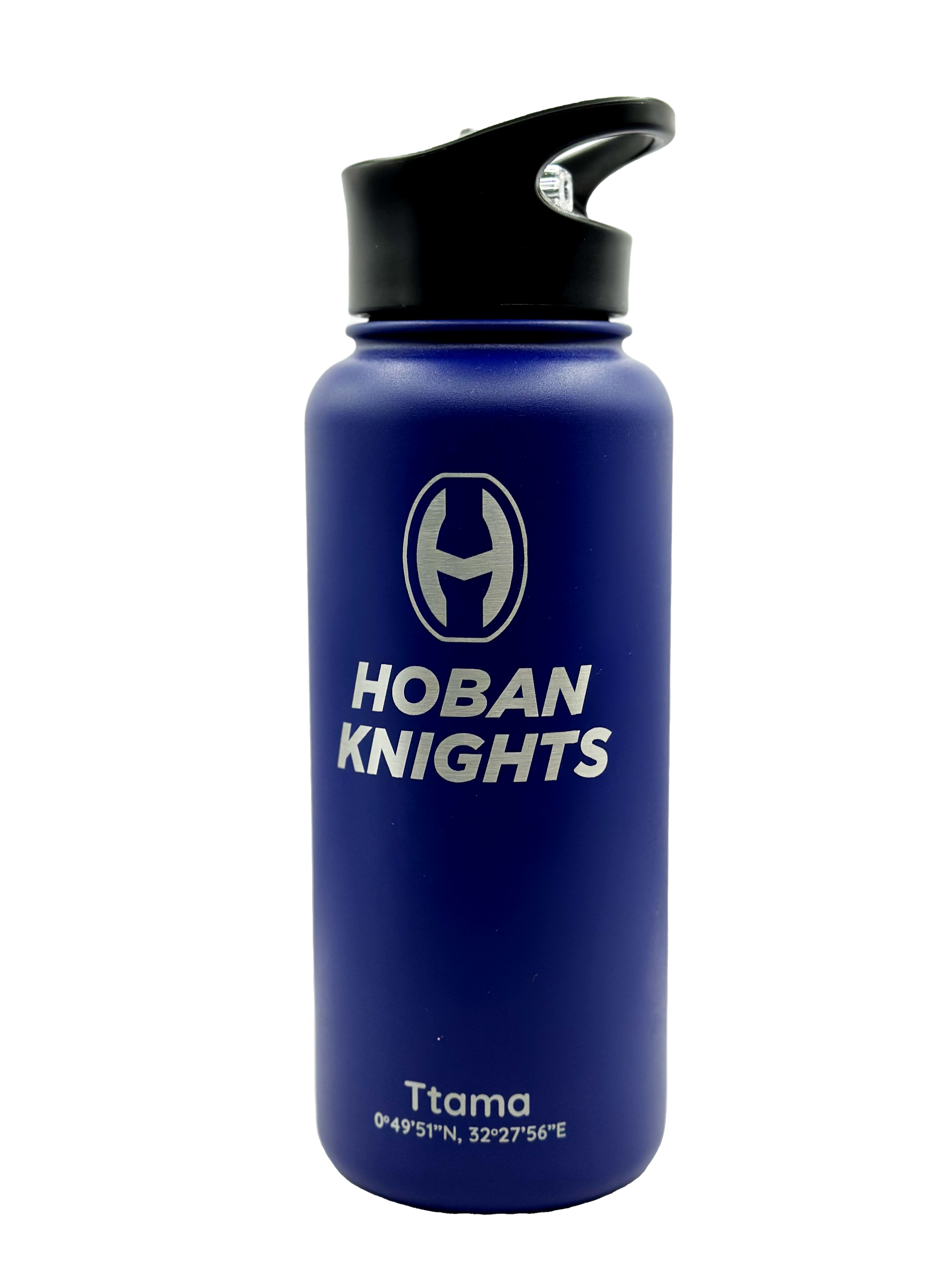 Blue water bottle with Hoban Knights logo and spill-proof lid.


